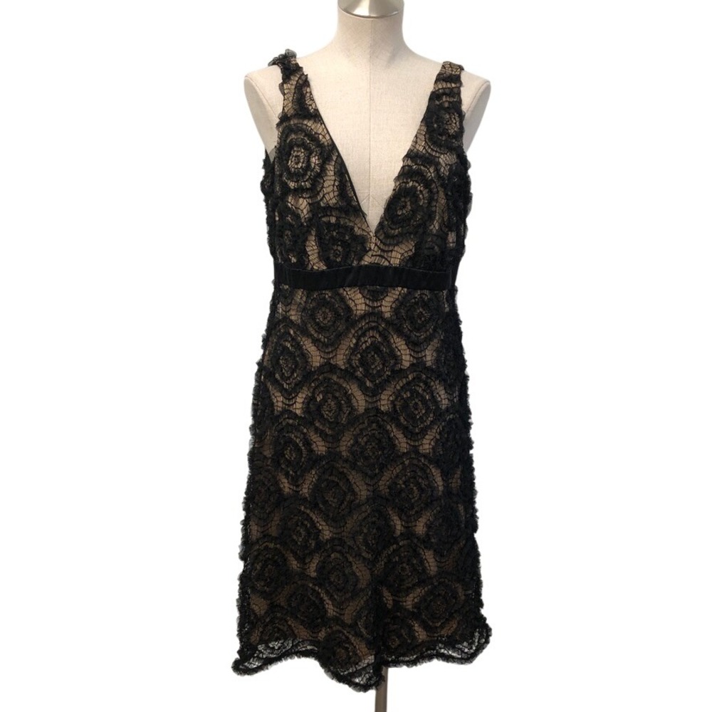 Tadashi Collection Cocktail Dress Womens 12 Black Tan Floral Lace V-Neck Silk